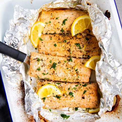 Lemon Garlic Butter Salmon Baked in Foil | THM S | THM S, Low Carb ...